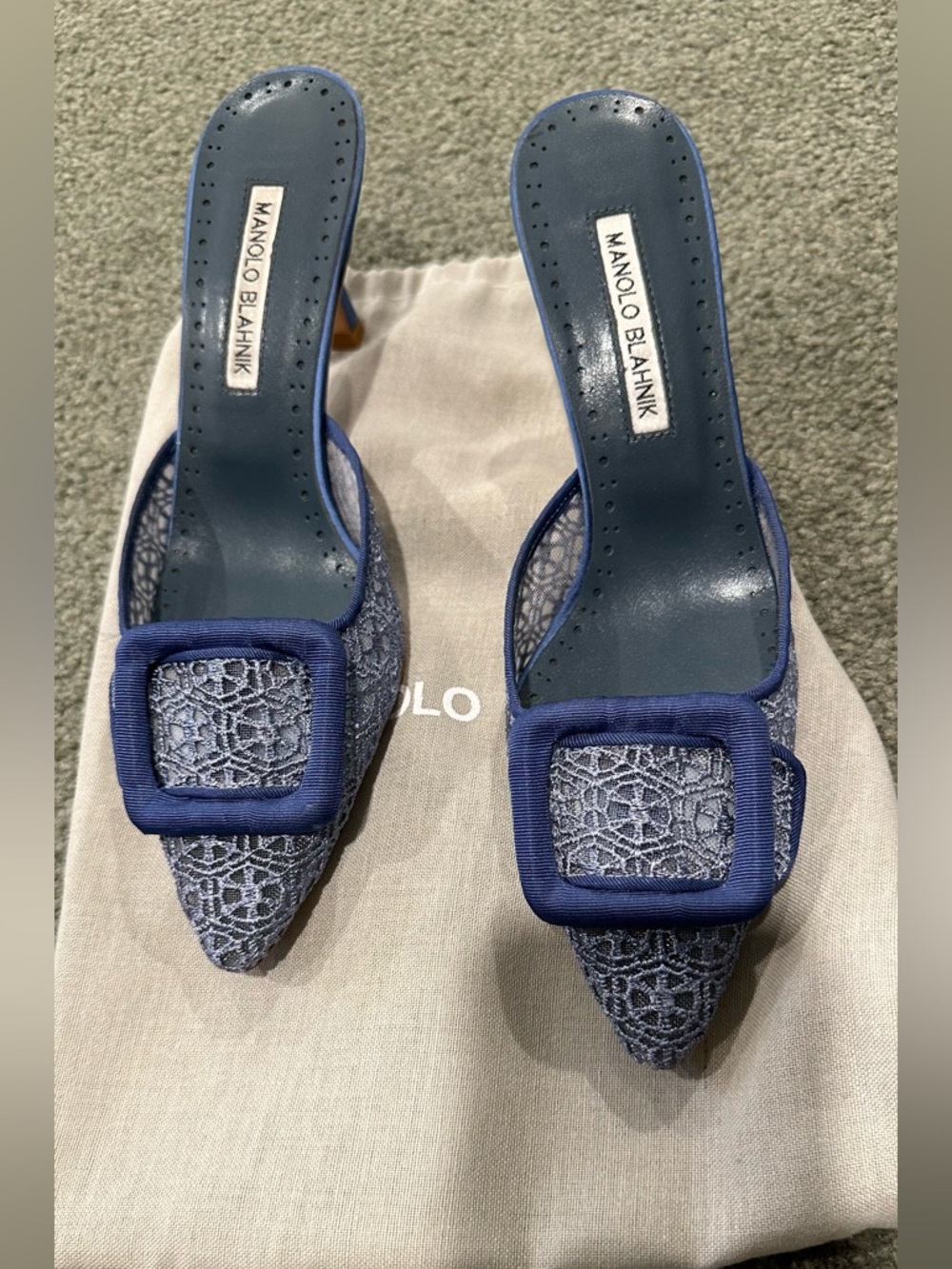 Manolo Blahnik  Lace Pointed Mules with Buckle